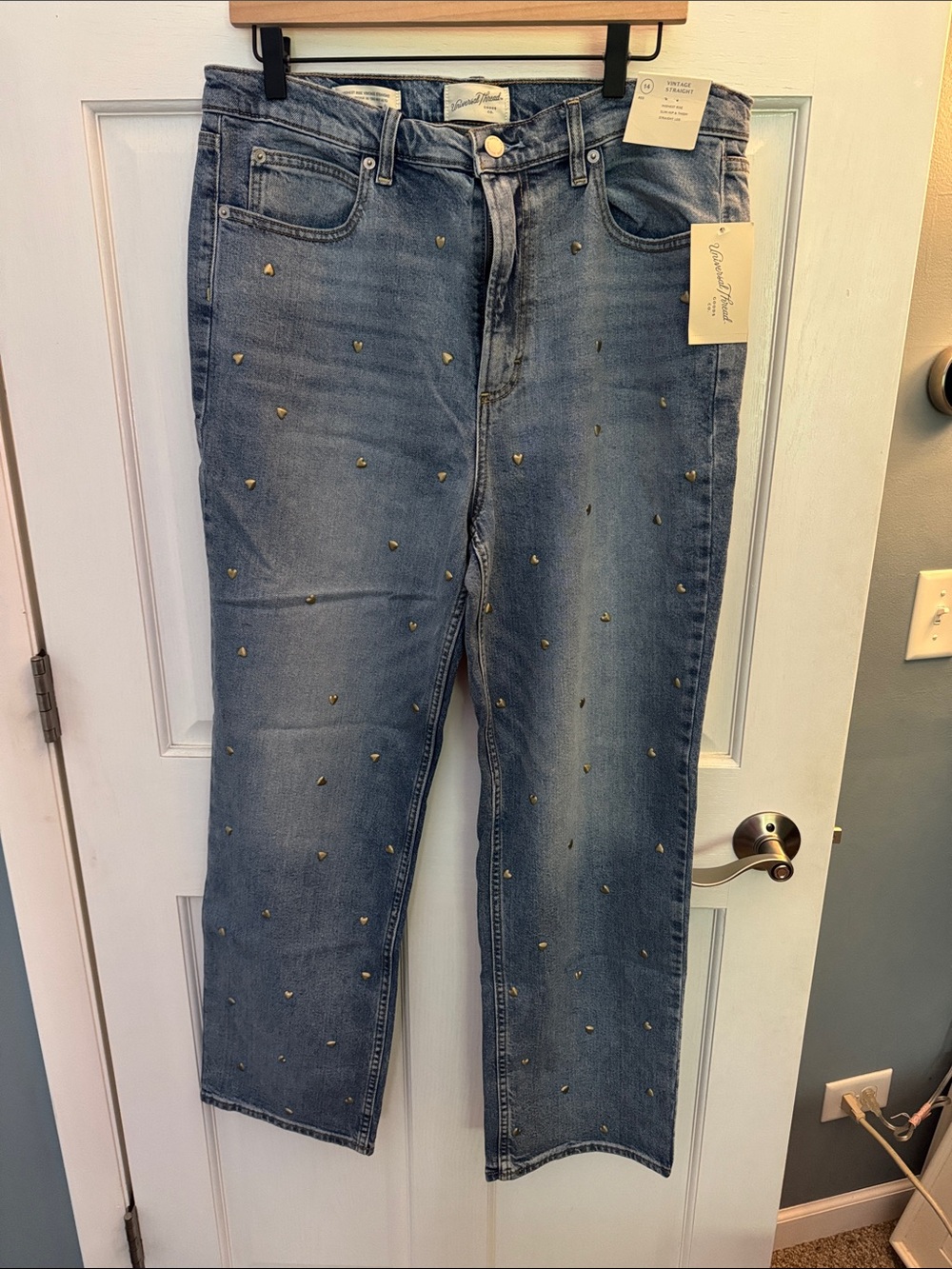 NWT Universal Thread Light Blue Heart Gold Studded Straight-Leg Jeans - Size 14